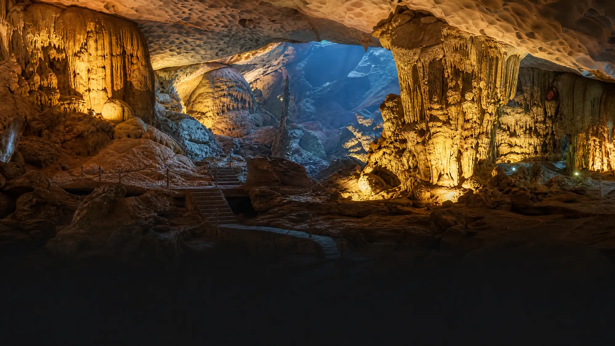 Sung Sot Cave is the largest cavern in Ha Long Bay at over 10,000 square meters. You need a Route 2 boat tour to reach it.